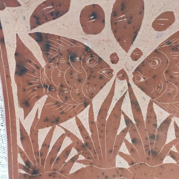 Terracotta Large Bowl Etched Carved Clay Angelfish VTG Decorative Plate 11" - Picture 6 of 12